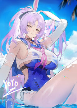 1girl absurdres animal_ears arm_up bare_shoulders blue_one-piece_swimsuit blush breasts closed_mouth commentary_request day elbow_gloves gloves highres large_breasts long_hair looking_at_viewer one-piece_swimsuit outdoors parted_bangs ponytail purple_hair rabbit_ears shia_(stella_sora) sitting solo stella_sora swimsuit thighs white_gloves yoyo_(550098)