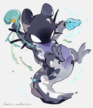 15355451wer animal animal_focus blank_eyes electricity english_text full_body grey_background holding holding_animal holding_weapon monster no_humans original rain_world simple_background slugcat solo squid tail weapon