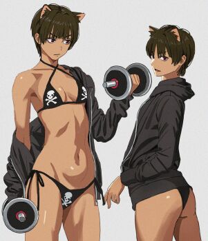 1girl animal_ears bikini black_hair breasts dark-skinned_female dark_skin exercising highres hood hoodie multiple_views navel original shiren_(ourboy83) short_hair side-tie_bikini_bottom simple_background single_bare_shoulder string_bikini swimsuit tan tomboy very_short_hair weightlifting white_background