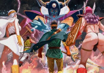 Rule 34 | 2girls, 3boys, armor, ass, bikini armor, blue tunic, character request, curly hair, dragon quest, dragon quest iii, dress, electricity, erdrick's sword, from behind, grey hair, group picture, hero (dq3), holding, holding shield, holding sword, holding weapon, itou satoshi, long hair, martial artist (dq3), multiple boys, multiple girls, purple hair, roto (dq3), sage (dq3), shield, short hair, shoulder armor, spiked hair, strapless, strapless dress, sword, tunic, warrior (dq3), weapon, white dress, zoma