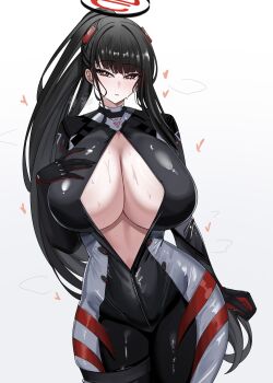 Rule 34 | 1girl, absurdres, black bodysuit, black hair, blue archive, blush, bodysuit, breasts, cleavage, commentary, halo, hand on own chest, highres, huge breasts, lengkuass, long hair, looking at viewer, parted lips, ponytail, red eyes, red halo, rio (blue archive), rio (bodysuit) (blue archive), solo, sweat, symbol-only commentary, very long hair