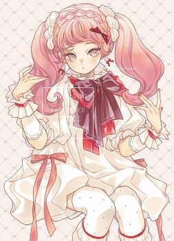 1girl black_bow black_bowtie bow bowtie braid commentary dress dress_ribbon earrings food-themed_earrings food_themed_earrings frilled_wrist_cuffs frills grey_background hair_bow hands_up highres invisible_chair jewelry leg_warmers marker_(medium) nidanmepile original parted_lips pink_eyes pink_hair puffy_short_sleeves puffy_sleeves red_bow red_nails red_ribbon ribbon short_sleeves sitting solo strawberry_earrings symbol-only_commentary thighhighs traditional_media tsurime twintails white_dress white_leg_warmers white_thighhighs wrist_cuffs