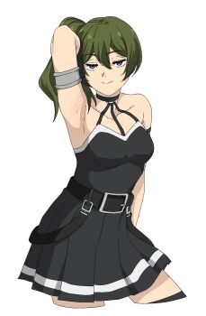 Rule 34 | 1girl, arm up, armlet, armpits, bare shoulders, belt, black belt, black choker, black dress, choker, dress, green hair, halter dress, halterneck, highres, jewelry, knew nothing, long hair, looking at viewer, pleated dress, purple eyes, short dress, side ponytail, simple background, smile, solo, sousou no frieren, ubel (sousou no frieren), white background