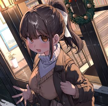 1girl :d blush breasts brown_eyes brown_hair brown_jacket brown_skirt christmas_wreath commentary_request door highres jacket long_sleeves looking_at_viewer medium_breasts off_shoulder open_clothes open_jacket open_mouth original outdoors plant pleated_skirt ponytail potted_plant ranf skirt smile snow solo sweater turtleneck turtleneck_sweater upper_body white_sweater window wreath