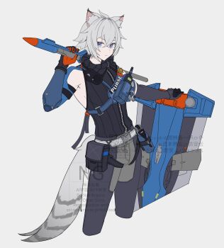 1boy absurdres animal_ear_fluff animal_ears belt_pouch blue_pants cat_boy cat_ears cat_tail colored_tips commentary_request cropped_legs crossed_bangs grey_background grey_pants grey_tail hair_between_eyes highres holding holding_shield holding_weapon looking_at_viewer male_focus merry-san multicolored_hair multicolored_pants pants police police_badge police_uniform policeman pouch purple_eyes seth_lowell shield short_hair simple_background solo tail walkie-talkie weapon white_hair zenless_zone_zero