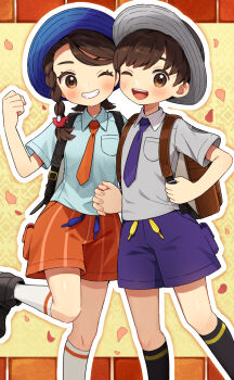1boy 1girl aqua_shirt backpack bag black_hat black_shoes black_socks blush braid breast_pocket brown_bag brown_eyes brown_hair clenched_hand collared_shirt commentary_request eyelashes fingernails florian_(pokemon) grey_shirt hat highres holding_hands holding_strap juliana_(pokemon) naranja_academy_school_uniform necktie nintendo one_eye_closed open_mouth orange_necktie orange_shorts outline petals pocket pokemon pokemon_sv purple_necktie purple_shorts rii_(pixiv11152329) school_uniform shirt shoes short_hair short_sleeves shorts side_braid single_braid smile socks standing standing_on_one_leg teeth upper_teeth_only uva_academy_school_uniform white_outline white_socks wide_brim