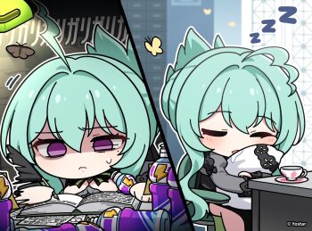 Rule 34 | 1girl, ahoge, aqua hair, book, bottle, chibi, chibi only, closed eyes, commentary request, cup, desk lamp, drooling, energy drink, frown, highres, holding, holding bottle, hugging object, lamp, mole, mole under eye, nyx (stella sora), official art, open book, pillow, purple eyes, quill, saucer, shaded face, short hair with long locks, sleeping, sleeping upright, sound effects, stella sora, sweatdrop, teacup, translation request, writing, zzz