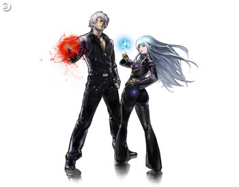 1boy 1girl ass blue_hair chaps couple cross cross_necklace dark_skin fingerless_gloves fire gloves glowing hand_on_own_hip height_difference hiroaki_(kof) ice jacket jewelry k&#039;_(kof) kula_diamond leather leather_jacket long_hair necklace official_art orb pyrokinesis red_eyes short_hair interracial snk sunglasses the_king_of_fighters watermark white_hair