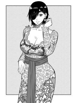 1girl artist_name black_hair breasts chainsaw_man cleavage commentary crosshatching earrings english_commentary eyepatch floral_print greyscale hatching_(texture) highres himeno_(chainsaw_man) jewelry kebaya kei_dragonsheaven large_breasts monochrome short_hair smile solo