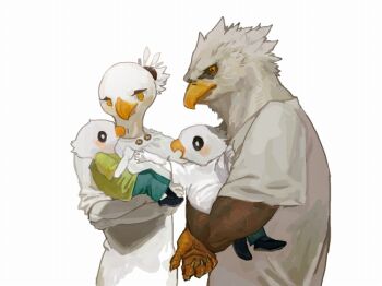 1girl 3boys baby_carry bird bird_boy bird_girl carrying carrying_person child claws commentary_request dress eagle feathers furry furry_female furry_male multiple_boys nagabe original shirt simple_background upper_body white_background white_dress white_feathers yellow_eyes