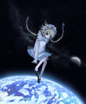 Rule 34 | 1girl, black shoes, blonde hair, braid, earth (planet), floating, frilled hairband, frills, hairband, hayu (hayu0305), long hair, long sleeves, miniskirt, moon, original, planet, pleated skirt, shoes, skirt, solo, space, star (sky), sweater vest, twin braids, white sweater vest, zero gravity