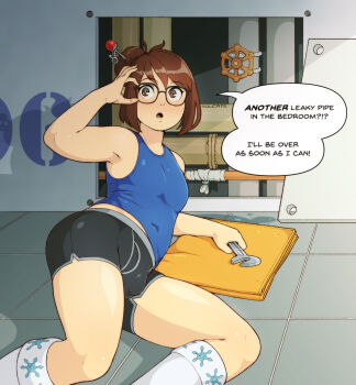 Rule 34 | 1boy, absurdres, adjusting glasses, armpits, bare arms, briefs, brown eyes, brown hair, bulge, classic fly briefs, english text, gender request, genderswap, genderswap (ftm), glasses, hair bun, highres, industrial pipe, kneehighs, male focus, male underwear, mei (overwatch), open mouth, overwatch, overwatch 1, plump, puffy male chest, single hair bun, smoking pipe, socks, solo, sulcate, tank top, thighhighs, towel, trap, underwear, wrench
