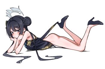 1girl armpit_crease bare_arms bare_legs black_dress black_hair blue_archive china_dress chinese_clothes clothes_lift commentary_request dot_nose double_bun dragon_print dress dress_lift full_body grey_eyes hair_bun hair_intakes hair_ornament halo head_rest high_heels highres hooked_on_heel je_o_mo kisaki_(blue_archive) korean_commentary legs_up long_hair looking_at_viewer lying on_stomach sidelocks simple_background sleeveless sleeveless_dress solo thighs white_background white_halo