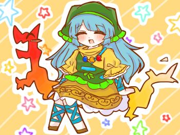 1girl ^_^ anzu_cha709 apron blue_hair blush_stickers brown_sandals closed_eyes dress green_apron green_headscarf haniyasushin_keiki happy headscarf highres long_hair open_mouth parted_bangs puffy_sleeves rectangular_mouth sandals sitting solo star_(symbol) touhou wily_beast_and_weakest_creature yellow_background yellow_dress