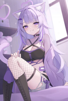 Rule 34 | 1girl, :3, absurdres, ahoge, animal ear fluff, animal ear legwear, animal ears, asymmetrical legwear, black boots, black collar, blunt bangs, blurry, blurry background, boots, breasts, cat ear legwear, cat ears, cat girl, cat hair ornament, cleavage, closed mouth, collar, commentary request, couch, criss-cross halter, crop top, fang, fishnet thighhighs, fishnets, hair ornament, hairclip, halterneck, highres, hololive, indoors, jacket, knee boots, knees together feet apart, lace-up boots, large breasts, long hair, looking at viewer, messy hair, multicolored hair, navel, nekomata okayu, nekomata okayu (personya respect), o-ring collar, off shoulder, official alternate costume, official alternate hair length, official alternate hairstyle, purple eyes, purple hair, purple jacket, see-through shrug, shin insh, shorts, shrug (clothing), single leg pantyhose, sitting, sleeves past wrists, solo, streaked hair, thighhighs, torn clothes, torn shorts, uneven legwear, virtual youtuber