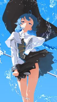 1girl ahoge black_skirt blue_eyes blue_hair capelet cohi27151463 frown hat highres hydrokinesis jacket long_braid looking_at_viewer mage_staff mushoku_tensei pleated_skirt roxy_migurdia simple_background skirt skirt_hold solo staff water white_capelet white_jacket wind wind_lift witch_hat