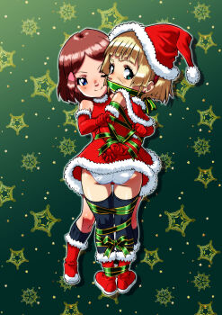 2girls arms_behind_back ass bare_shoulders bdsm black_socks black_thighhighs blonde_hair blue_eyes blunt_bangs blush bondage boots bound bound_arms bound_legs brown_hair capelet christmas christmas_present cleave_gag cloth_gag coat daikinbakuju detached_sleeves dress earrings elbow_gloves female_focus fur-trimmed_boots fur-trimmed_capelet fur-trimmed_coat fur-trimmed_dress fur-trimmed_gloves fur-trimmed_sleeves fur_trim gag gagged gift gift_wrapping gloves hair_ornament hairclip hat highres improvised_gag jewelry knee_socks kneehighs loli long_hair looking_at_viewer looking_back looking_to_the_side medium_hair multiple_girls nervous_smile open_mouth original panties patterned_background presenting red_gloves ribbon ribbon_bondage santa_boots santa_costume santa_dress santa_gloves santa_hat shibari sidelocks smile socks sparkle_background swept_bangs thigh_gap thighhighs thighs underwear upskirt white_panties