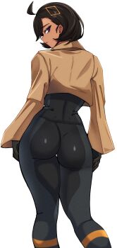 Rule 34 | 1girl, ass, black bodysuit, black gloves, black hair, blue eyes, bodysuit, brown jacket, commentary, cropped jacket, dark-skinned female, dark skin, emma (pokemon), english commentary, from behind, frown, gloves, hair ornament, highres, jacket, nintendo, oro (aaaoro), pokemon, pokemon legends: z-a, short hair, simple background, thighs, white background