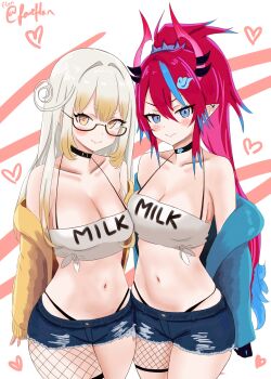 Rule 34 | 2girls, :>, absurdres, alternate costume, black choker, blonde hair, blue hair, blue jacket, blue shorts, blush, breasts, brown-framed eyewear, choker, chromashift, cleavage, closed mouth, clothes writing, collarbone, colored tips, commentary, crop top, denim, denim shorts, ear piercing, english commentary, eyelashes, faeflan, fishnets, glasses, glitch stars, heart, highres, horns, jacket, kai saikota, kanna yanagi, long hair, matching outfits, midriff, multicolored hair, multiple girls, navel, off shoulder, piercing, pointy ears, ponytail, red hair, shirt, short shorts, shorts, sidelocks, smile, torn clothes, torn shorts, twitter username, virtual youtuber, white background, white hair, white shirt, yellow eyes, yellow jacket