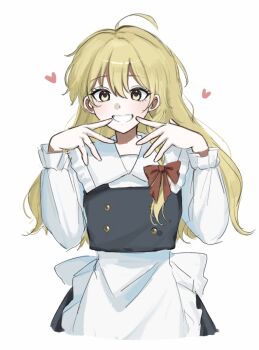 1girl apron back_bow black_skirt black_vest blonde_hair bow braid collared_shirt commentary_request frilled_shirt_collar frills grin hair_bow heart highres kirisame_marisa long_hair long_sleeves looking_at_viewer mati100311 no_headwear red_bow shirt side_braid simple_background single_braid skirt smile solo touhou vest white_apron white_background white_bow yellow_eyes