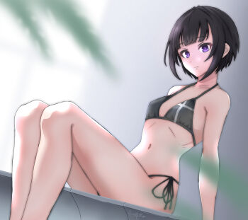 1girl bikini black_bikini black_hair blurry bob_cut breasts coma_(coma303) commentary_request depth_of_field feet_out_of_frame highres idolmaster idolmaster_cinderella_girls inverted_bob navel purple_eyes shirayuki_chiyo short_hair side-tie_bikini_bottom sitting small_breasts solo swimsuit