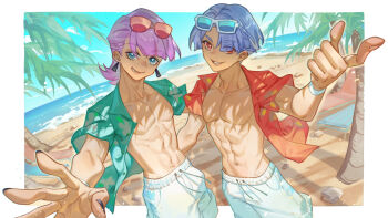 2boys abs anmaki beach border brothers male_focus multiple_boys open_clothes open_shirt panty_&amp;_stocking_with_garterbelt pink_hair polyester_(psg) polyurethane_(psg) siblings