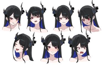 1girl absurdres asymmetrical_horns black_hair blue_hair blush chart closed_eyes collarbone colored_inner_hair daydarion demon_horns disgust embarrassed expression_chart multiple_expressions highres hololive hololive_english horns long_hair looking_at_viewer mole mole_under_eye multicolored_hair nerissa_ravencroft open_mouth red_eyes simple_background smile surprised two-tone_hair uneven_horns virtual_youtuber white_background
