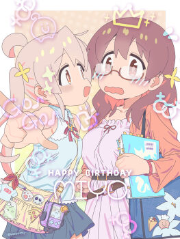 2girls ahoge bag bag_charm belt black_belt black_skirt blue_shirt book breast_press breasts brown_eyes brown_hair charm_(object) collarbone commentary_request dress floral_print flower grey_hair hair_between_eyes happy_birthday highres holding holding_book lily_(flower) long_hair long_sleeves looking_at_another male-female_symbol matado_(almukha) medium_breasts miniskirt multicolored_hair multiple_girls murosaki_miyo onii-chan_wa_oshimai! open_mouth oyama_mahiro pink_dress pink_hair pointing pointing_to_the_side print_bag semi-rimless_eyewear shirt shopping_bag shoulder_bag skirt sleeveless sleeveless_shirt small_breasts streaked_hair under-rim_eyewear wavy_mouth white_shirt
