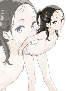1girl black_hair blue_eyes blush closed_mouth collarbone flat_chest forehead half_updo highres leaning_forward loli long_hair looking_at_viewer moonsorrow navel nipples original panties panty_pull simple_background solo standing topless_female underwear white_background white_panties