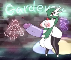 1futa animated black_thighhighs breasts brick_wall choker condom condom_on_penis cum ejaculation full_body futanari futanari_masturbation gardevoir gen_3_pokemon gigantic_penis green_hair huge_breasts huge_testicles masturbation neayix neon_lights nintendo nipples open_mouth penis pokemon pokemon_(creature) red_eyes short_hair solo standing teeth testicles thighhighs tongue uncensored upper_teeth_only used_condom used_condom_on_penis video