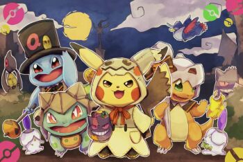 bulbasaur candy charmander cloud commentary_request cosplay cubone cubone_(cosplay) food gen_1_pokemon gen_4_pokemon gen_5_pokemon gen_7_pokemon gengar halloween hat honchkrow litwick mimikyu mimikyu_(cosplay) moon night nintendo no_humans open_mouth outdoors parsley_(artist) pikachu pokemon pokemon_(creature) squirtle top_hat wrapped_candy yamask yamask_(cosplay)