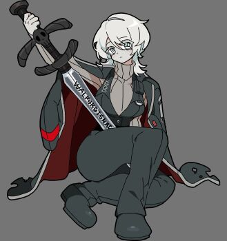 Rule 34 | 1girl, arm up, black coat, black shoes, black vest, blue eyes, breasts, brown sweater, closed mouth, coat, coat on shoulders, dress, faust (project moon), grey background, grey dress, highres, holding, holding sword, holding weapon, kekeken, large breasts, limbus company, looking at viewer, project moon, ribbed sweater, shoes, short hair, simple background, sitting, solo, sweater, sword, vest, weapon, white hair, zweihander