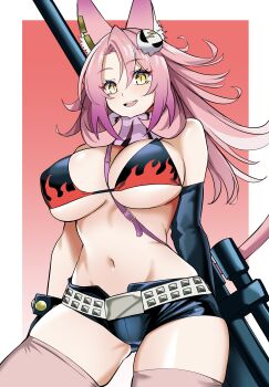1girl absurdres animal_ear_fluff animal_ears bikini black_bikini black_shorts breasts commentary_request cosplay duel_monster gradient_background groin hair_ornament highres inoue_marina large_breasts long_hair looking_at_viewer navel open_mouth pink_hair red_background shorts skull_hair_ornament smile solo swimsuit synchroman tengen_toppa_gurren_lagann tri-brigade_ferrijit_the_barren_blossom two-tone_background voice_actor_connection white_background yoko_littner yoko_littner_(cosplay) yu-gi-oh!