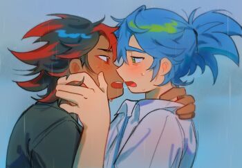 2boys after_kiss alternate_universe black_hair black_shirt blue_hair blush cloud cloudy_sky collared_shirt colored_tips commentary dark-skinned_male dark_skin dollychoux eye_contact from_side green_eyes hand_on_another's_neck humanization looking_at_another male_focus multicolored_hair multiple_boys open_mouth parted_bangs ponytail profile rain red_eyes red_hair saliva saliva_trail shadow_the_hedgehog shirt sky sonic_(series) sonic_the_hedgehog sweat teeth tongue upper_body upper_teeth_only white_shirt wing_collar yaoi