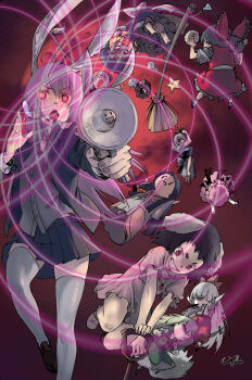 Rule 34 | 6+girls, absurdres, animal ears, apron, back bow, bat wings, between fingers, black hair, black legwear, black shirt, black skirt, blazer, blonde hair, bow, broom, carrot necklace, caved (touhou), dress, erlenmeyer flask, ex-keine, flask, fujiwara no mokou, green hair, green shirt, green skirt, grin, hair bow, hair ribbon, hakurei reimu, hat, headphones, highres, holding, holding knife, horn ornament, horn ribbon, horns, houraisan kaguya, imperishable night, inaba tewi, izayoi sakuya, jacket, japanese clothes, jewelry, kamishirasawa keine, kedama (touhou), kirisame marisa, knife, knives between fingers, konpaku youmu, light purple hair, loafers, long hair, long sleeves, lunatic gun, maid, maid apron, maid headdress, megaphone, microphone, mini-hakkero, multiple girls, neckerchief, necklace, pink dress, ponytail, puffy short sleeves, puffy sleeves, rabbit ears, red background, red eyes, red shirt, red skirt, reisen udongein inaba, remilia scarlet, ribbon, sendai (nazonomono), shirt, shoes, short hair, short sleeves, shovel, silver hair, skirt, smile, star (symbol), suspenders, sword, thighhighs, touhou, very long hair, waist apron, weapon, white legwear, white shirt, wings, witch hat