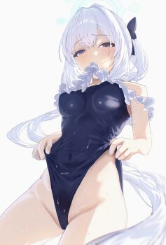 1girl absurdres blue_archive blue_halo blue_one-piece_swimsuit casual_one-piece_swimsuit clothes_lift commentary_request covered_navel frilled_one-piece_swimsuit frills from_below frontal_wedgie halo highleg highleg_one-piece_swimsuit highres lifting_own_clothes long_hair miyako_(blue_archive) miyako_(swimsuit)_(blue_archive) mouth_hold npoyonpoyon off-shoulder_one-piece_swimsuit off_shoulder official_alternate_costume one-piece_swimsuit ponytail solo swim_ring swimsuit swimsuit_lift wedgie white_hair