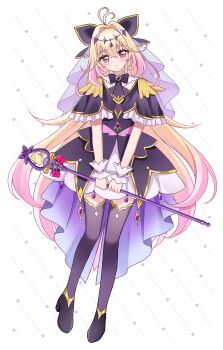 Rule 34 | 1girl, absurdres, antenna hair, black bow, black capelet, black dress, blonde hair, blush, bow, brooch, capelet, commentary, cure arcana shadow, diamond hairband, dot nose, dress, earrings, fingernails, full body, gem, hair bow, hair intakes, heart, heart brooch, highres, hiru (user dzge7447), jewelry, layered dress, legs together, long hair, looking at viewer, magical girl, meitantei precure!, moria luluka, parted lips, precure, purple eyes, purple gem, purple nails, purple veil, simple background, smile, solo, standing, tear arcana rod, untranslatable commentary, veil, white background, white wrist cuffs, wrist cuffs