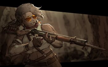 Rule 34 | 1girl, ammunition, bayonet, belt, black hair, breasts, cigarette, dark-skinned female, dark skin, gun, holding, holding gun, holding weapon, lever action, long hair, luzaitis, orange-tinted eyewear, original, pants, ponytail, pump action, shotgun, shotgun shell, smile, sunglasses, tan, tinted eyewear, weapon