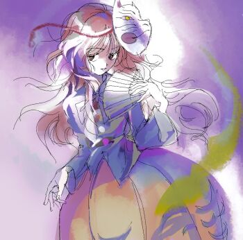 Rule 34 | 1girl, blue shirt, closed mouth, floating hair, fox mask, full lake, hand fan, hand up, hata no kokoro, holding, holding fan, light smile, long hair, long sleeves, looking at viewer, mask, mask on head, orange skirt, pink eyes, pink hair, shirt, skirt, solo, touhou