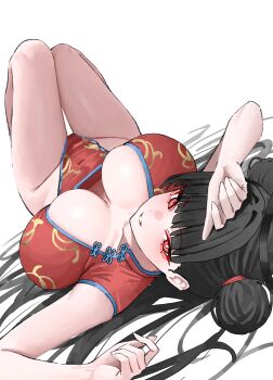 1girl absurdres alternate_costume alternate_hairstyle black_hair black_halo blue_archive blush breasts china_dress chinese_clothes commentary double_bun dress hair_bun halo highres kono_(xerondan321) large_breasts long_hair looking_at_viewer lying on_back parted_lips pelvic_curtain red_dress red_eyes rio_(blue_archive) smile solo