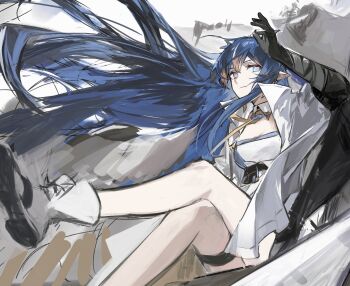 1girl ankle_boots arknights arm_up bare_legs black_gloves blue_eyes blue_hair boots breasts closed_mouth coat crossed_legs detached_collar dragon_girl dragon_horns elbow_gloves floating_hair gloves highres horns jacket ling_(arknights) long_hair looking_at_viewer necktie open_clothes open_coat open_jacket pe902 pointy_ears shirt sitting solo thigh_strap underbust very_long_hair white_boots white_coat white_shirt yellow_necktie