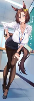 1girl absurdres air_groove_(umamusume) animal_ears bent_over black_bra black_shoes black_skirt blue_eyes bra bra_visible_through_clothes breasts brown_hair brown_pantyhose button_gap chalkboard classroom cleavage collared_shirt commentary_request full_body high_heels highres horse_ears horse_girl horse_tail id_card jewelry lanyard large_breasts leaning_forward long_hair looking_at_viewer math pantyhose parted_lips pencil_skirt red-framed_eyewear ring see-through_clothes shirokuma_a shirt shoes short_hair skirt sleeveless sleeveless_shirt smile solo standing tail teacher umamusume underwear wedding_ring white_shirt window