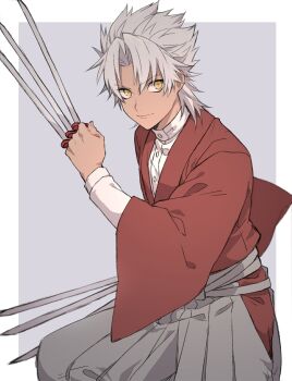 1boy amakusa_shirou_(fate) black_keys_(type-moon) commentary_request dark-skinned_male dark_skin fate/apocrypha fate_(series) grey_hair grey_hakama hakama highres holding holding_weapon japanese_clothes male_focus solo tofu_(bean359) weapon yellow_eyes