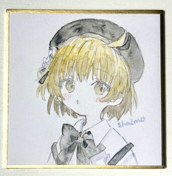 Rule 34 | 1girl, beret, black bow, black hat, blush, bow, brown eyes, brown hair, collared shirt, commentary request, flower, hair flower, hair ornament, hat, hatoba tsugu, highres, looking at viewer, parted lips, photo (medium), sha2mo, shikishi, shirt, signature, solo, suspenders, suspenders slip, traditional media, tsugu (vtuber), upper body, virtual youtuber, white flower, white shirt