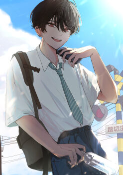 1boy absurdres black_bag black_hair blue_pants blue_sky bottle cloud collared_shirt commentary english_commentary green_necktie hair_between_eyes highres holding holding_bottle holding_phone male_focus necktie niwa281610 original pants phone red_eyes shirt sky solo sparkle striped_necktie utility_pole water white_shirt