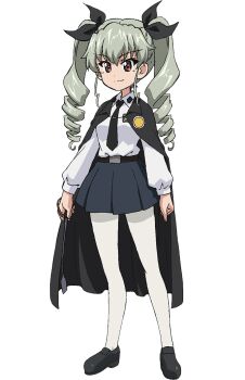 1girl anchovy_(girls_und_panzer) angry anzio_school_uniform black_necktie black_shoes black_skirt blush brown_eyes closed_eyes drill_hair full_body girls_und_panzer girls_und_panzer_motto_love_love_sakusen_desu! grey_hair hair_ribbon highres long_hair necktie official_art open_mouth pantyhose ribbon school_uniform shirt shoes skirt smile solo transparent_background twintails white_pantyhose white_shirt wide_hips