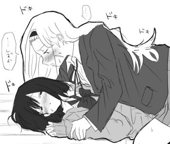 ... 2girls blazer blush bow bowtie collared_shirt commentary facial_scar girl_on_top greyscale hairband heartbeat holding_another's_wrist jacket kirarazaka_marina kuze_shizuka loose_bowtie lying monochrome multiple_girls neck_ribbon on_back open_clothes open_jacket pottode ribbon scar scar_on_cheek scar_on_face school_uniform shirt small_sweatdrop sound_effects spoken_ellipsis sweater takopii_no_genzai yuri