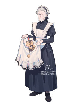 1boy :| alternate_costume apron beard black_dress black_shoes blue_eyes closed_mouth crossdressing crossdressing_(mtf) dolustoy dress dress_shoes enmaided facial_hair frilled_apron frills full_body grey_hair highres holding holding_apron juliet_sleeves long_sleeves looking_to_the_side lysandre_(pokemon) maid maid_apron maid_headdress male_focus nintendo one_eye_closed pokemon pokemon_(creature) pokemon_legends:_z-a puffy_sleeves shoes simple_background standing watermark white_apron white_background