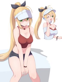 1girl ;d absurdres bare_arms bare_shoulders between_legs black_ribbon black_shorts blonde_hair blush bottle bottle_to_cheek breasts camisole cleavage collarbone commentary_request crop_top dolphin_shorts feet_out_of_frame green_eyes hair_between_eyes hair_ribbon hand_between_legs highres holding holding_bottle medium_breasts multiple_views navel off-shoulder_shirt off_shoulder one_eye_closed open_mouth ponytail red_camisole ribbon ruttse shirt short_shorts shorts smile tsurumaki_maki visor_cap voiceroid water_bottle white_background white_shirt