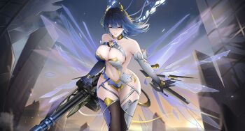 1girl absurdres asymmetrical_gloves bare_shoulders black_thighhighs blue_eyes blue_gloves blue_hair blue_leotard breasts broken_window building chinese_commentary cleavage clothing_cutout collarbone commentary cowboy_shot dawn detached_wings elbow_gloves floating floating_hair gatling_gun gloves grey_gloves grey_leotard gun hair_between_eyes headgear highres holding holding_gun holding_weapon katya_klein large_breasts leotard long_hair looking_at_viewer minigun mismatched_gloves multicolored_leotard navel open_mouth outdoors scar scar_on_face scar_on_nose shuo_bian_yue sidelocks skindentation skyscraper smile snowbreak:_containment_zone solo stomach stomach_cutout strapless strapless_leotard thigh_gap thighhighs two-tone_leotard weapon wings yellow_collar